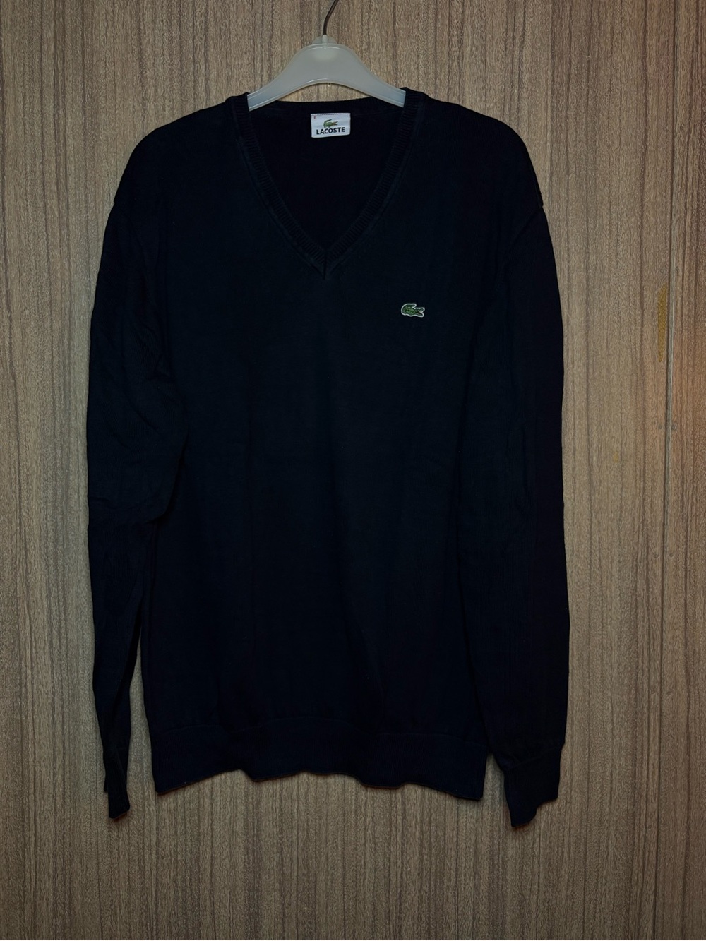 Lacoste Men's Black V-Neck Sweater with Green Crocodile Logo
